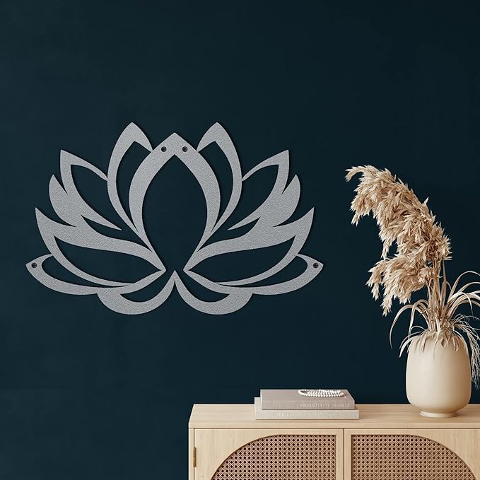 Metal Wall Art - Lotus Flower - 3D Wall Silhouette Metal Wall Decor Home Office Decoration Bedroom Living Room Decor Sculpture (Silver-Gray, 30"Wx20"H / 75x50cm)