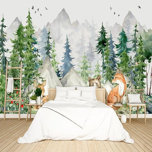 Kids Animals Forest Wallpaper Peel and Stick Nursery Wall Mural for Bedroom Living Room - 85"x118"