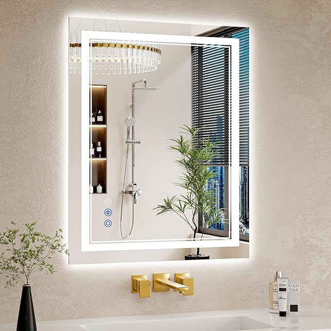 24"x30" LED Bathroom Mirror with Lights, Anti-Fog, Backlit + Front Lit, Dimmable, Led Vanity Mirror for Wall, Lighted Bathroom Mirror, 3 Colors, Shatter-Proof Tempered Glass