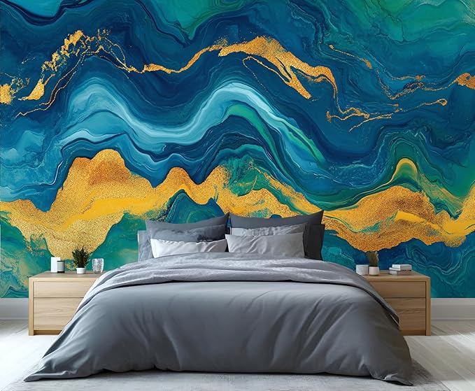 Blue Gold Marble Mural Wallpaper, 3D Turquoise Murals, Modern Fashion Marble Murals Wallpaper for Living Room Bedroom Tv Background Wall Home Decor Mural (Not Peel Stick)