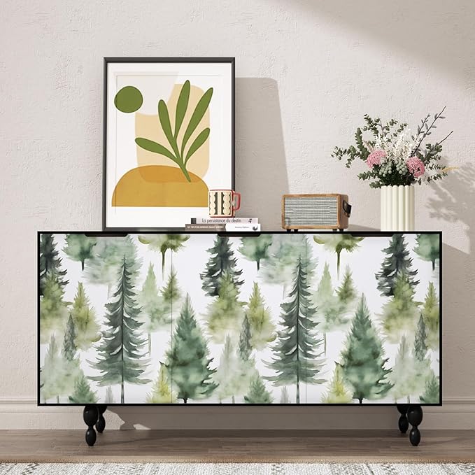 Misty Forest Wallpaper Peel and Stick Foggy Green/Yellow Pine Trees Contact Paper 17.4" x 393" Waterproof Self-Adhesive Woodland Wall Paper for Bedroom Countertop Desk Cabinets Decor Renter Friendly