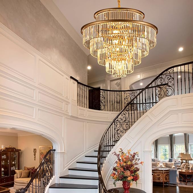 35" 24-Light Modern Crystal Chandelier Light Fixture Large 6-Tier Gold Luxury Chandeliers for Dining Room Round Hanging Pendant Lighting for Living Room Kitchen Entryway Bedroom Foyer Lobby