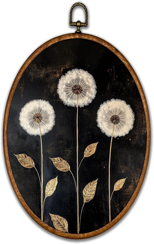 BCUANGD Vintage Dandelion Oval Wall Art Decor - Rustic Retro Floral Botanical Wall Art Canvas Frame Artwork Prints, Black Mid Century Modern Round Wall Hanging Decorations for Home Bedroom, 8.6"x11.4"