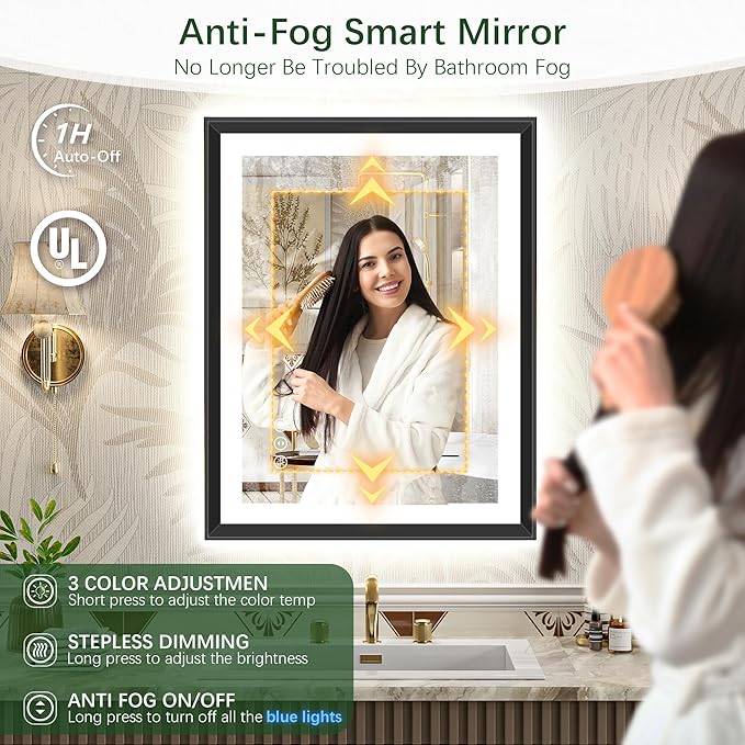 22x30 Black Framed Led Bathroom Mirror with Lights, Front Lit and Backlit, Lighted Vanity Mirror for Bathroom Wall, Anti-Fog, Dimmable, 3 Colors, Memory, HD Tempered Glass