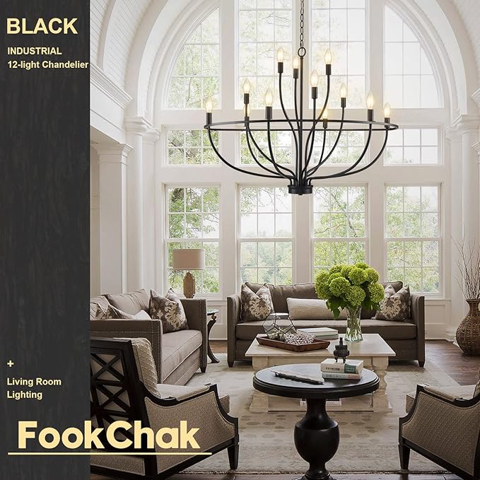 Black Chandelier 12 Light, Hallway Chandelier for Entryway High Ceiling Foyer Candle Chandeliers 36in Modern Farmhouse Light Fixture Chandeliers for Dining Room Master Bedroom Living Room