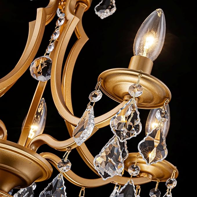 5-Light Crystal Maria Theresa Chandeliers, Pendant Light Fixture for Dining Room, Living Room, D17 x 21~69" (Adjustable Height), Clear Crystal & Gold Finish Frame