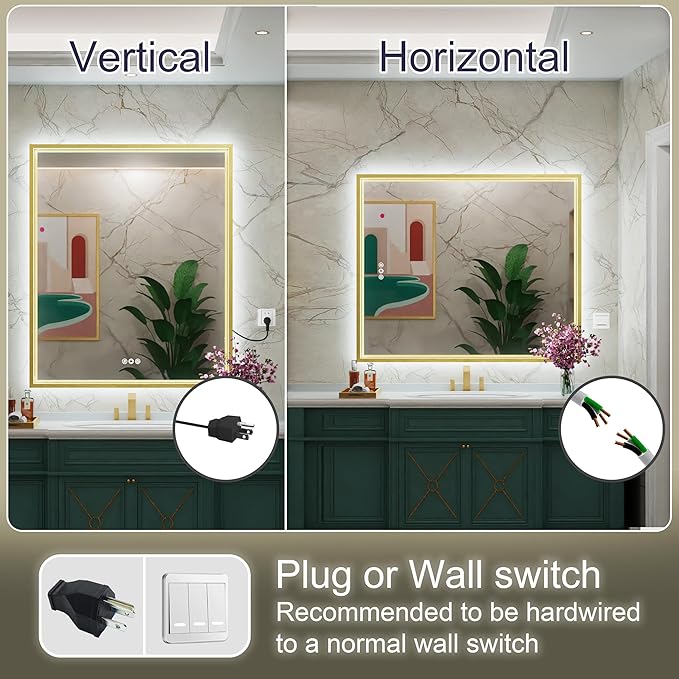 30x36 Inch Gold LED Bathroom Mirror with Front & Back Lights, Adjustable 3000K/4500K/6000K, Wall Mounted Lighted Bathroom Vanity Mirrors, Anti-Fog, Dimmable, Horizontal/Vertical