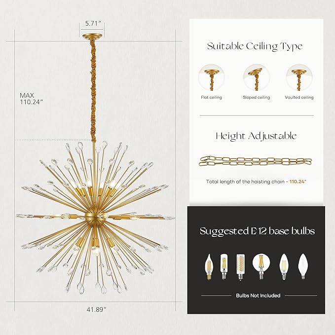 18-Light Gold Sputnik Chandeliers, 41" Starburst Firework Pendant Light fixtures, Mid-Century Modern Satellite Ceiling Lights for Dining Room, Kitchen, Bedroom, Living Room, E12