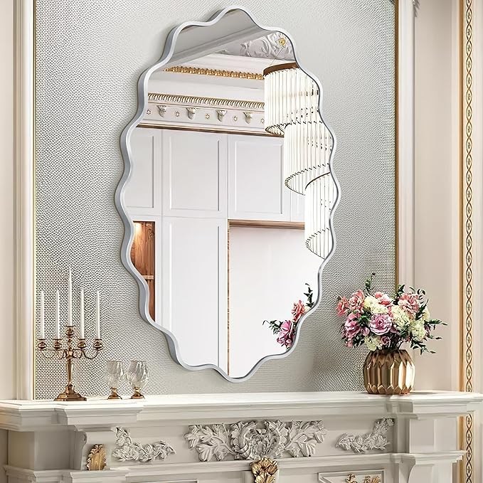 Oval Wavy Mirror - Irregular Wall Mirror 24"x36" Black Asymmetrical Aviation Aluminum Alloy Frame for Bathroom, Bedroom, Living Room, Cloakroom, Entryway