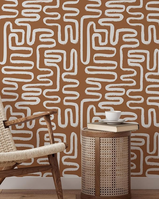 Minimalist Lines Wallpaper | Removable Self Adhesive Brown Boho Wallpaper | Geometrical Abstract Lines Peel and Stick Wallpaper (1 roll 24" W x 120" H)
