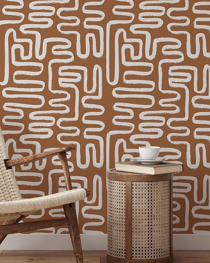 Minimalist Lines Wallpaper | Removable Self Adhesive Brown Boho Wallpaper | Geometrical Abstract Lines Peel and Stick Wallpaper (1 roll 24" W x 144" H)