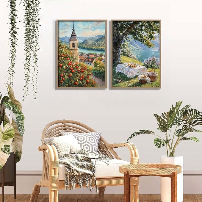 2 Pcs Wooden Framed Vintage Landscape Wall Art Pastoral Scenery Poster Countryside Scenery Artwork Canvas Print Lakeside Tree Shade Gallery Picture Living Room Bedroom Office Wall Decor 12x16 Inch