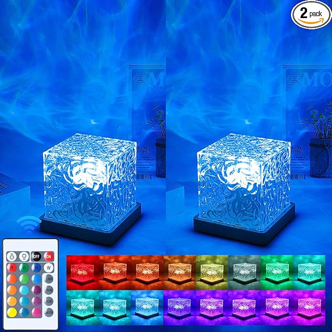 2 Packs Corded Ocean Lamp with 2 Charger Adapters,Ocean Lamp Ocean Wave Projector Light Northern Lights Aurora Cube with 16 Colors and Dynamic Ripple Effect for Living Room Bedroom Decor - 5.1"