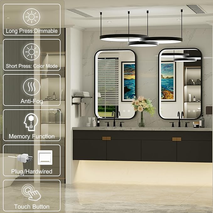 24x36 Inch LED Bathroom Mirror with Lights, Adjustable 3000K/4500K/6000K, Wall Mounted Black Lighted Bathroom Vanity Mirror, Stepless Dimmable, Anti-Fog, Memory Function