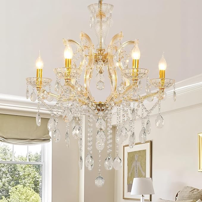 6 Light Maria Theresa Crystal Chandelier for Bedroom Luxury K9 Crystal Gold Chandelier Pendant Lighting Fixture for Dining Room,Living Room, W23.6*H22 with Adjustable Chain
