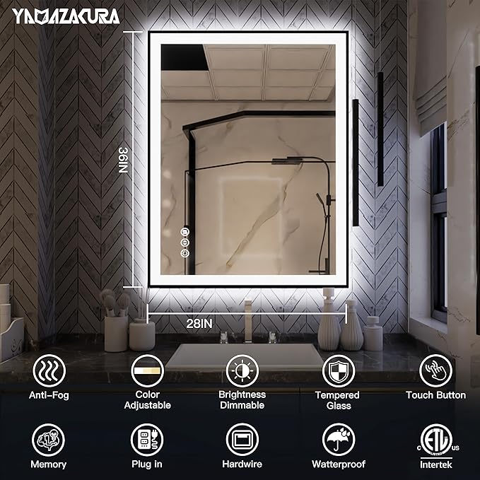 LED Bathroom Mirror 36x28 with Backlit and Front Lighted, Framed Dimmable Illuminated Mirror for Wall Anti-Fog Shatterproof (Horizontal/Vertical)…