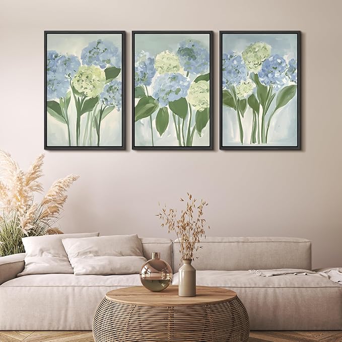 MUDECOR Framed Wall Art Print Set Blue Hydrangea Floral Botanical with Green Leaves Illustrations Modern Art Boho Decorative Colorful Chic for Living Room, Bedroom, Office - 16"x24"x3 Black