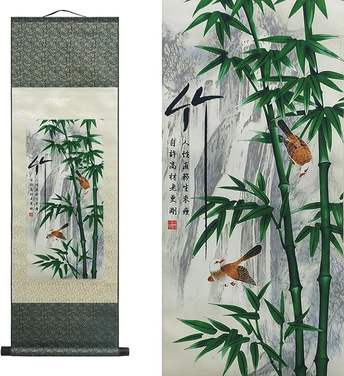 AtfArt Asian Wall Decor Beautiful Silk Scroll Painting 4 Righteous Men Flowers - Plum Orchid Bamboo Chrysanthemum Oriental Decor Chinese Art Wall Scroll Hanging Painting Scroll (Bamboo)