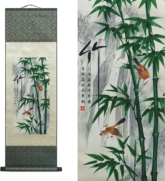 AtfArt Asian Wall Decor Beautiful Silk Scroll Painting 4 Righteous Men Flowers - Plum Orchid Bamboo Chrysanthemum Oriental Decor Chinese Art Wall Scroll Hanging Painting Scroll (Bamboo)