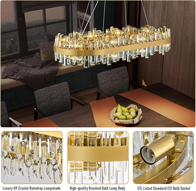 Modern Chandelier, 20-Lights 2 Tiers Gold Rectangular Chandeliers for Dining Room, 52'' Luxury K9 Raindrop Crystal Chandeliers, Adjustable Kitchen Island Chandelier for Living Room, Foyer Entryway