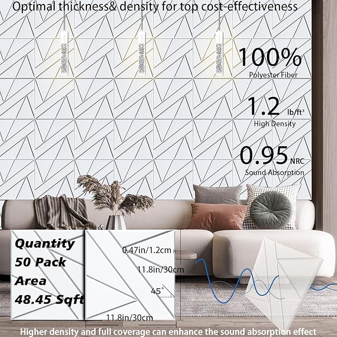 50 Pack Bulk Self-Adhesive Soundproof Wall Panels, 12 x 12 x 0.47 in Sound Proof Foam Panels for Walls, 1.2lb/ft³ High Density, Thicker 0.47in, Acoustic Panels, Duty for Large Walls White