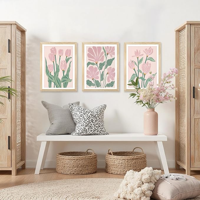 JLTULT 3 Piece Pink Abstract Tulips Floral Wall Art, Boho Green Botanical Wall Decor, Modern Flowers Paintings Art Prints for Living Room Bedroom Home Farmhouse Office12x16 Framed inch Ready to Hang