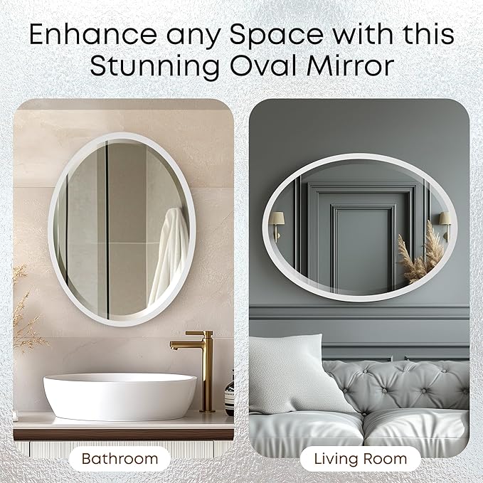 OVALCREST - Oval Wooden Beveled Wall Mirror for Home Decor, Bathroom, Vanity, Bedroom, Living Room, Hallway - London Style (Linen White) 31.1 x 21.1