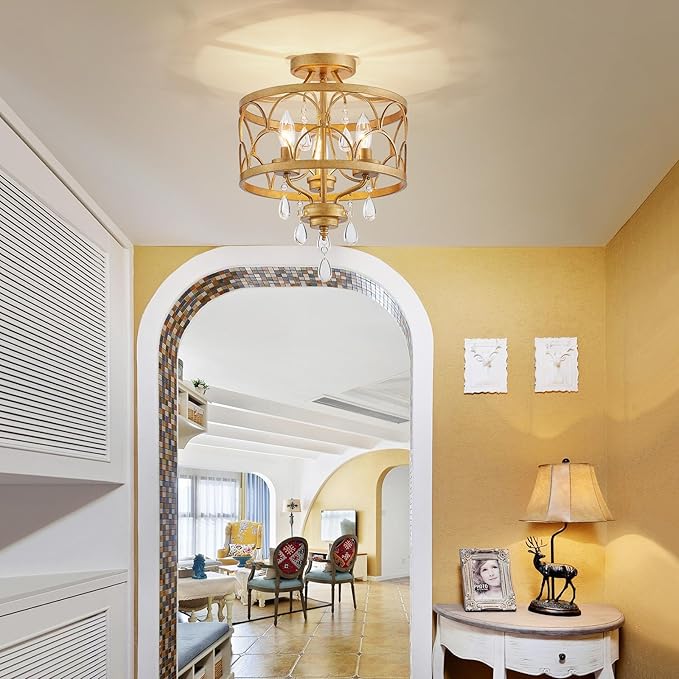 Crystal Ceiling Light Fixture, Modern Small Chandelier Light Fixture, Farmhouse Gold Semi Flush Mount Ceiling Light, Round Hallway Lighting Fixtures for Bedroom Entryway Closet Dining Room Living Room