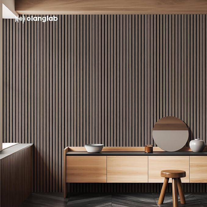 Olanglab Wood Slat Wall Panels, Wooden Acoustic Wall Panels, 94.5"x12.6" Each 3D Wall Panels for Interior Wall Decor, 4 Pack in Total 94.5"x50.4" (Dark Walnut)