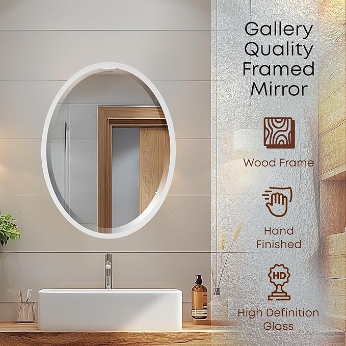 OVALCREST - Oval Wooden Beveled Wall Mirror for Home Decor, Bathroom, Vanity, Bedroom, Living Room, Hallway - London Style (Linen White) 37.1 x 25.1