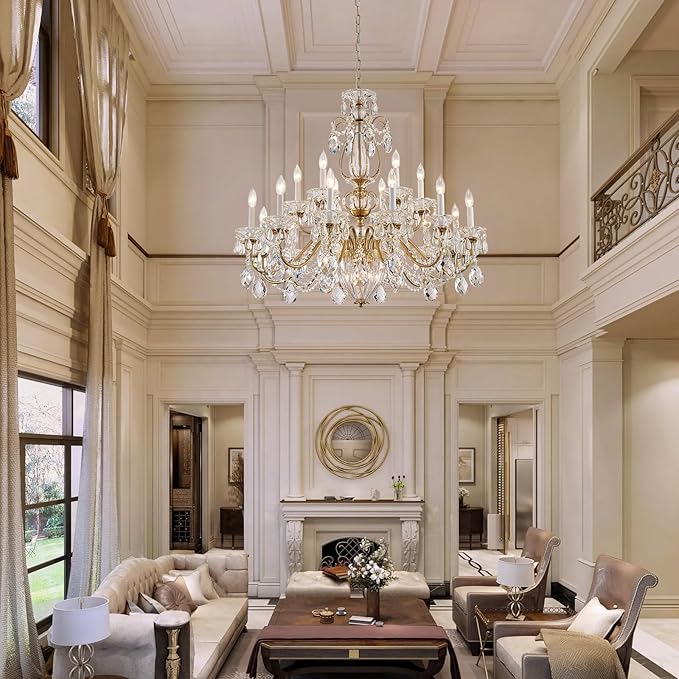 18 Lights Large Crystal Chandeliers for High Ceilings Brass Maria Theresa Chandelier Modern Chandelier Light Fixture for Foyer Entryway Staircase Hallway High Ceiling Living Room Dia 37 inch