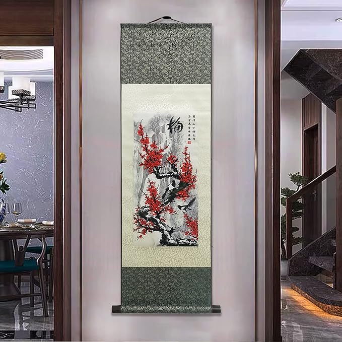 AtfArt Asian Wall Decor Beautiful Silk Scroll Painting 4 Righteous Men Flowers - Plum Orchid Bamboo Chrysanthemum Oriental Decor Chinese Art Wall Scroll Hanging Painting Scroll (4 Piece)…