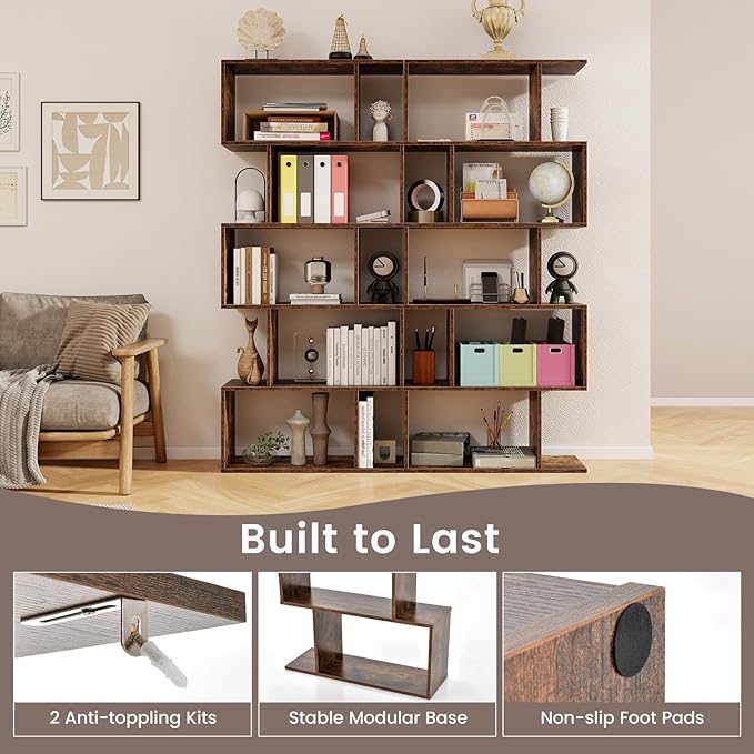 5 Tier Geometric Bookcase, S Shaped Bookshelf, Modern Decorative Storage Shelving, Wooden Room Divider Bookcase, 62.5" Tall Staggered Display Book Shelf for Living Room (2, Rustic Brown)