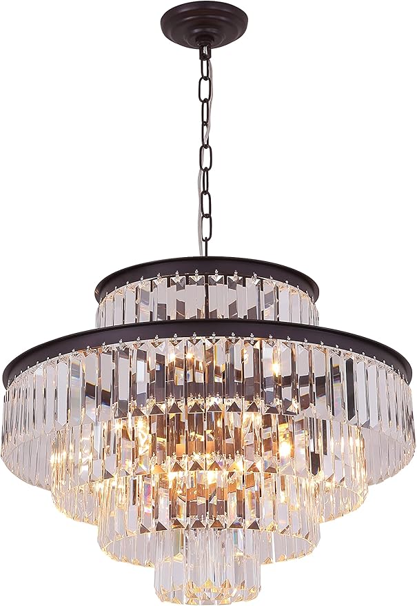 24" Oil Brown Crystal Chandelier, Modern 5-Tier Ceiling Light with Clear Crystal Prisms, Luxury Pendant Lighting for Dining Room Entryway
