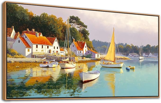 AJAZIKO Coastal Wall Art - Rustic Ocean & boat Canvas Art for Living Room & Bedroom Decor - Framed Landscape Artwork for Walls - Italian Farmhouse & Country Wall Decor Print Pictures20x40IN