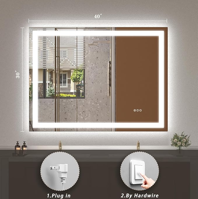 40 x 30 LED Lighted Bathroom Mirror for Wall, Vanity Mirror Lights, Dimmable, Anti-Fog, Shatter-Proof, ETL Listed (Front Lit + Backlit)