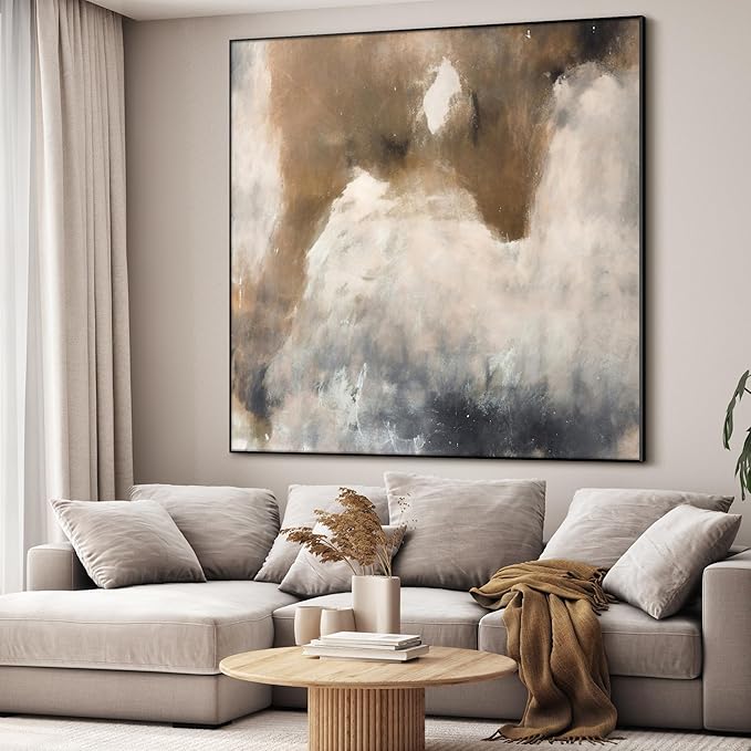 36"x36" Large Framed Wall Art - Rustic Faded White and Brown Abstract (Frame Assembly Required)