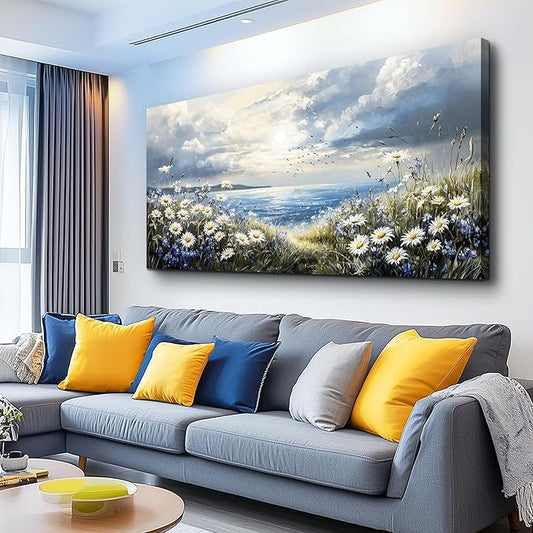 KELIYUAN Large Wall Decor Canvas Painting Wall Art For Living Room Decor Blue Mediterranean Garden Landscape Painting Bedroom Print Artwork Picture For Dining Room Bathroom Home Decoration 24x48 In