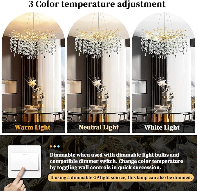 Modern Crystal Chandelier Gold Tree Branch Chandelier 23.6" Luxury Gold K9 Crystal Chandeliers 6-Light Ceiling Hanging Chandeliers for Dining Room Kitchen Island Foyer