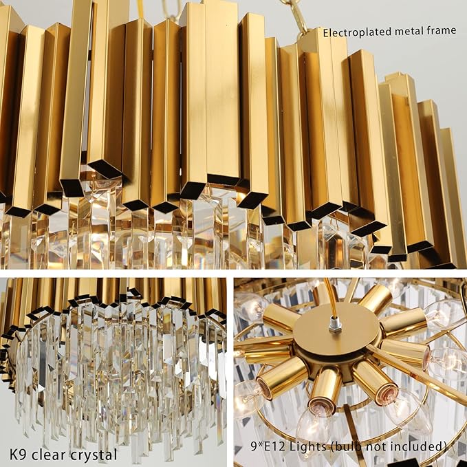 Modern Chandeliers Crystal with Light Gold Crystal Chandelier Hanging Ceiling Light Fixture 9 Lights Chandelier Modern Crystal Round Pendant Light Fixture Dining Room Living Room Bedroom W22in