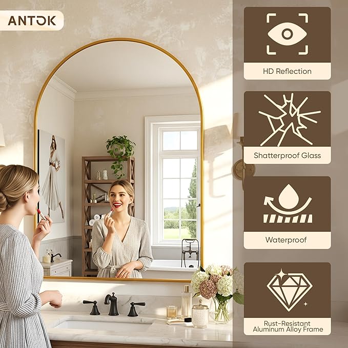 Antok Wall Mirror, 20"x30" Bathroom Vanity Mirror, Anti-Rust HD Tempered Glass, Wall Mounted Mirrors for Living Room, Entryway, Gold Frame, Arched