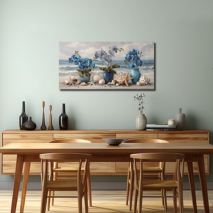 Blue Wall Art Beach Ocean Wall Decor Flower Canvas Art Coastal Seascape Pictures Floral Vase Poster Starfish Conch Shell Print Art for Bedroom Bathroom Living Room Office 20"x 40"