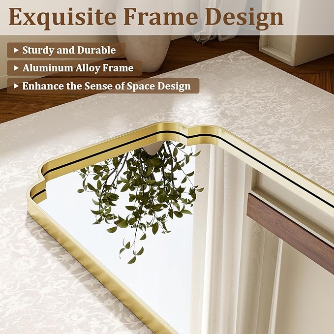 24" x 36" Gold Arch Bathroom Mirror, Wall Mounted Vanity Mirror with Metal Frame, Modern Scalloped Wall Mirror for Sink, Bedroom, Living Room, Entry, Farmhouse Home