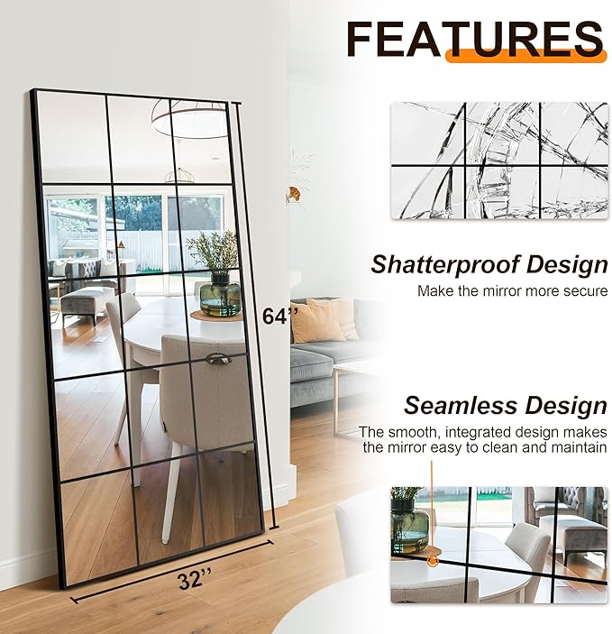 Delma Full Length Mirror, 64"x 32" Window Pane Decorative Mirror for Wall, Black Metal Framed Wall Decor, Wall Mounted, Hanging or Leaning for Bedroom, Living Room, Entryway