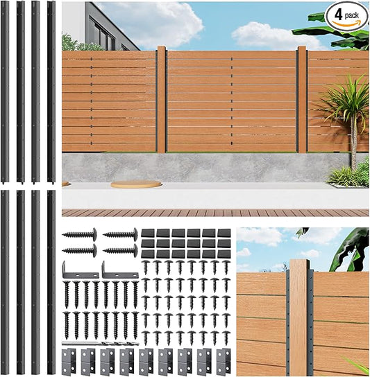 6FT No Dig Privacy Metal Fence Post for Wood Slat U-Shape，Black Line Post Outdoor Privacy Fence Panels Butt-Joint 4Pack