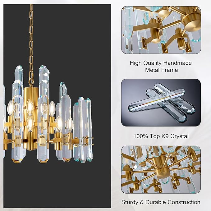 24" Modern Crystal Chandelier, 12-Light Luxury Gold Chandelier for Dining Room, Living Room, Bedroom, Foyer, Kitchen, Restaurant, Contemporary Round Adjustable Chain Chandeliers K9 Light Fixture