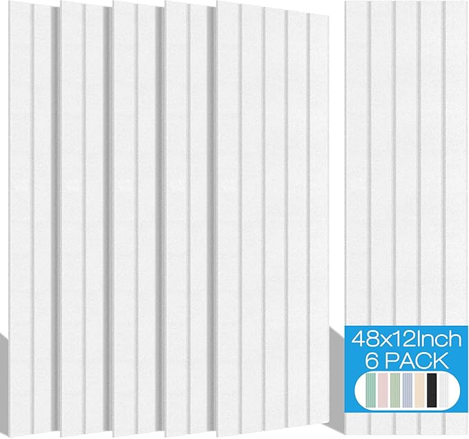 BUBOS 6 Pack Large Acoustic Panels,48x12Inch SoundProof Panels for Walls,Self Adhesive Acoustic Wall Panels,Decorative Sound Panels for Home Studio Office (White 02)