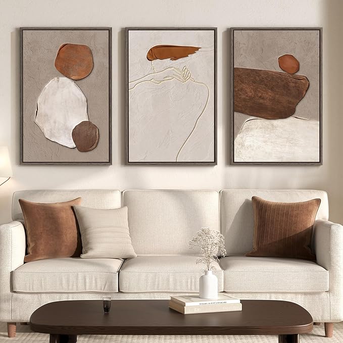 Large Framed Neutral Abstract Wall Art, 3 Piece Rustic Beige and Brown Canvas Prints Paintings Artwork for Walls, Minimalist Stone Pictures for Living Room Hallway Stair Office Wall Decor 20x30 In