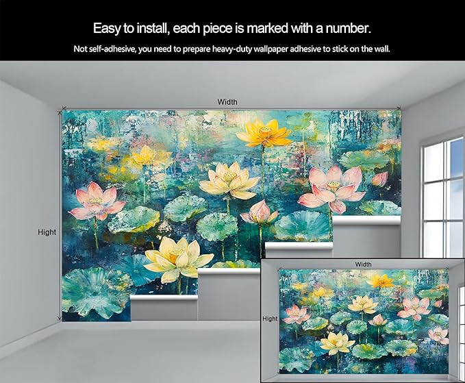 Lotus Flowers Mural Wallpaper, Watercolor Flowers Murals, Modern Simple Wall Art Murals Wallpaper for Living Room Bedroom Home Decor Mural - 78.7" W x 39.27" H (Not Peel Stick)