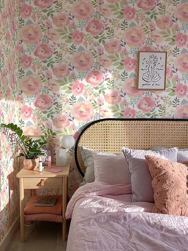 Orainege Floral Wallpaper Peel and Stick Wallpaper 16.9in x118.1in Peony Floral Contact Paper Removable Self Adhesive Wall Paper for Cabinets Walls Shelf Liner, Peachy